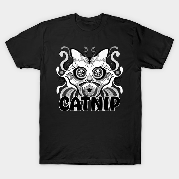 Psychedelic Catnip Black and White T-Shirt by RGB Ginger